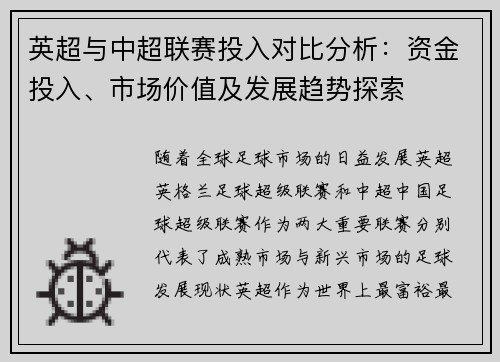英超与中超联赛投入对比分析：资金投入、市场价值及发展趋势探索