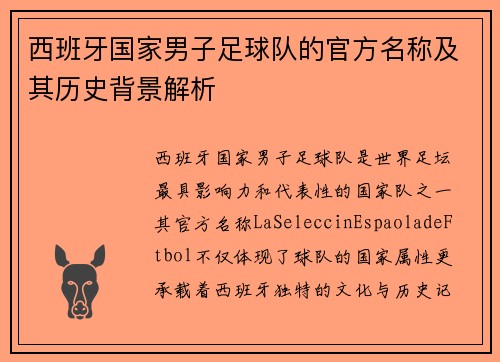 西班牙国家男子足球队的官方名称及其历史背景解析