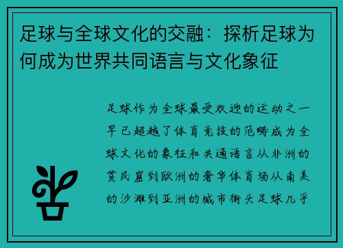 足球与全球文化的交融：探析足球为何成为世界共同语言与文化象征